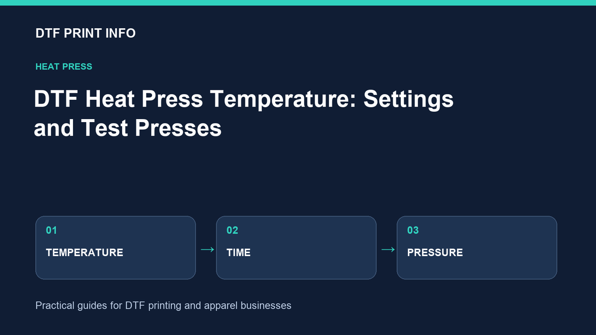DTF heat press guide showing temperature, time, and pressure checks